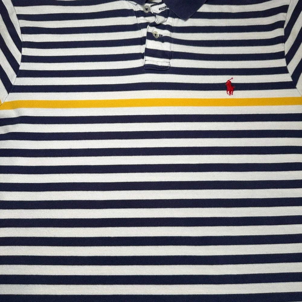 VTG Y2K Polo Shirt Mens‎ Blue Yellow Striped Short Sleeve Casual Sm